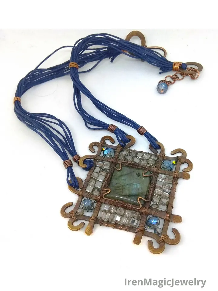 Boho Copper Labradorite Wire Wrap Necklace, Vintage Look