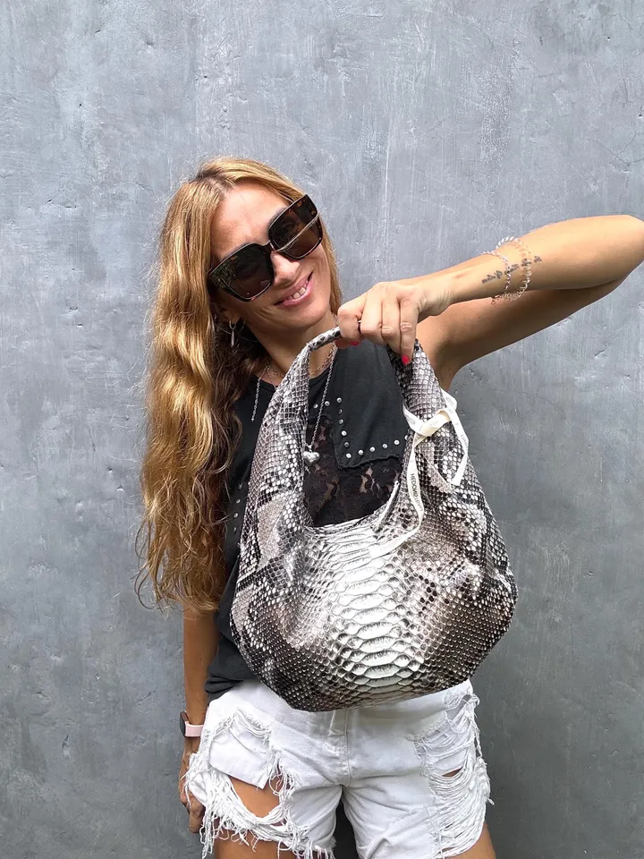 Medium Soft Hobo Classy Sport Woman Bag | Purse Genuine Python Skin | Reptile Skin Products | Gray Elegant Leather Designer Soft Bag Snake