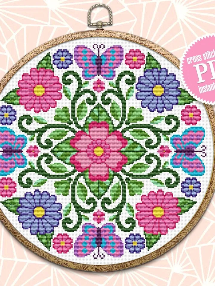 Floral mandala cross stitch pattern PDF download Mandala butterfly cross stitch chart, Summer mandala ornament for hand embroidery PDF #M149