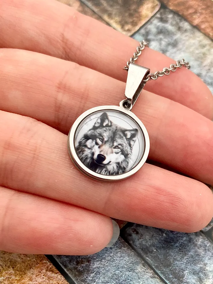 Wolf head necklace, steel pendant with glass, Wolf lover gift