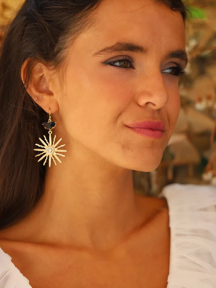 Art Deco Wedding Earrings, Gold Black Boho Bridal Earrings, Sun Celestial Statement Wedding Earrings For Bride, Star Bridal Earrings Jewelry