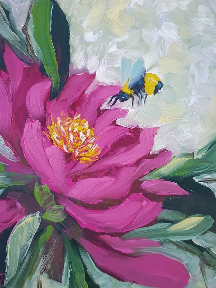 Bee Painting Floral Original Art Tropical Wall Art Flower Small Oil Painting