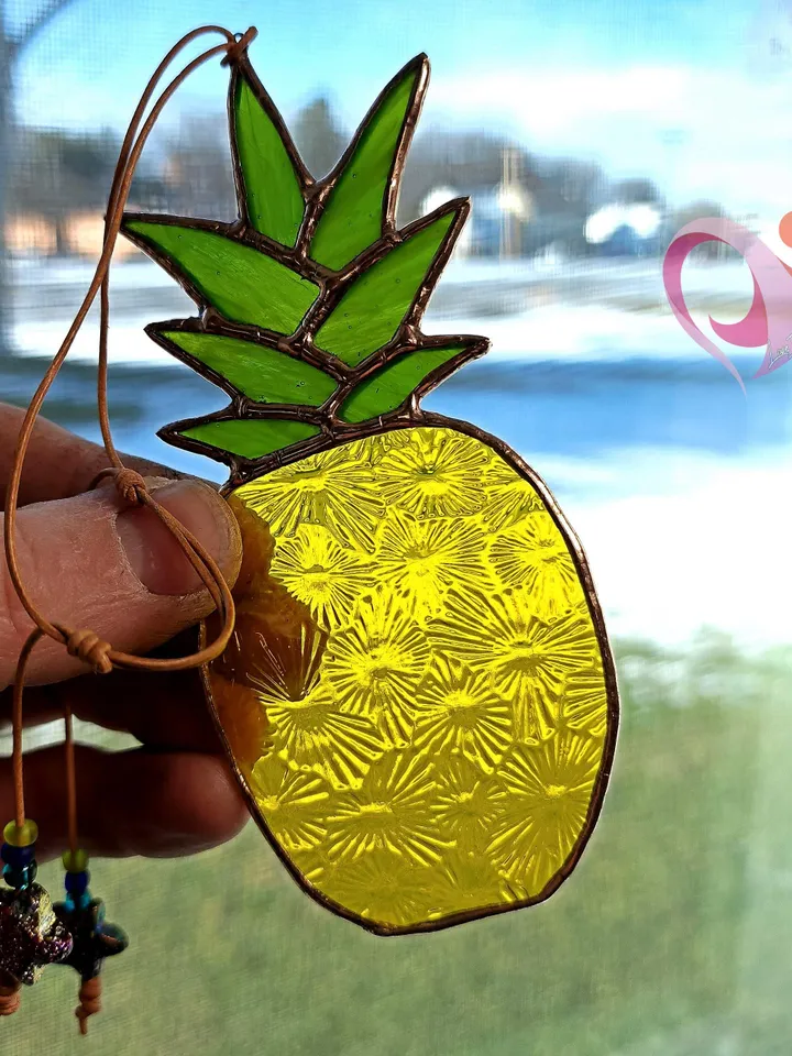 Pineapple Stained Glass Car Charm Suncatcher Rear View Mirror Accessory Fun Golf Cart Gift for Swingers