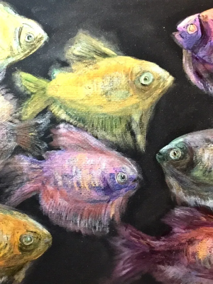 Fish aquarium painting, golden fish ,original watercolour and soft pastel painting,dark background.Home decoration.