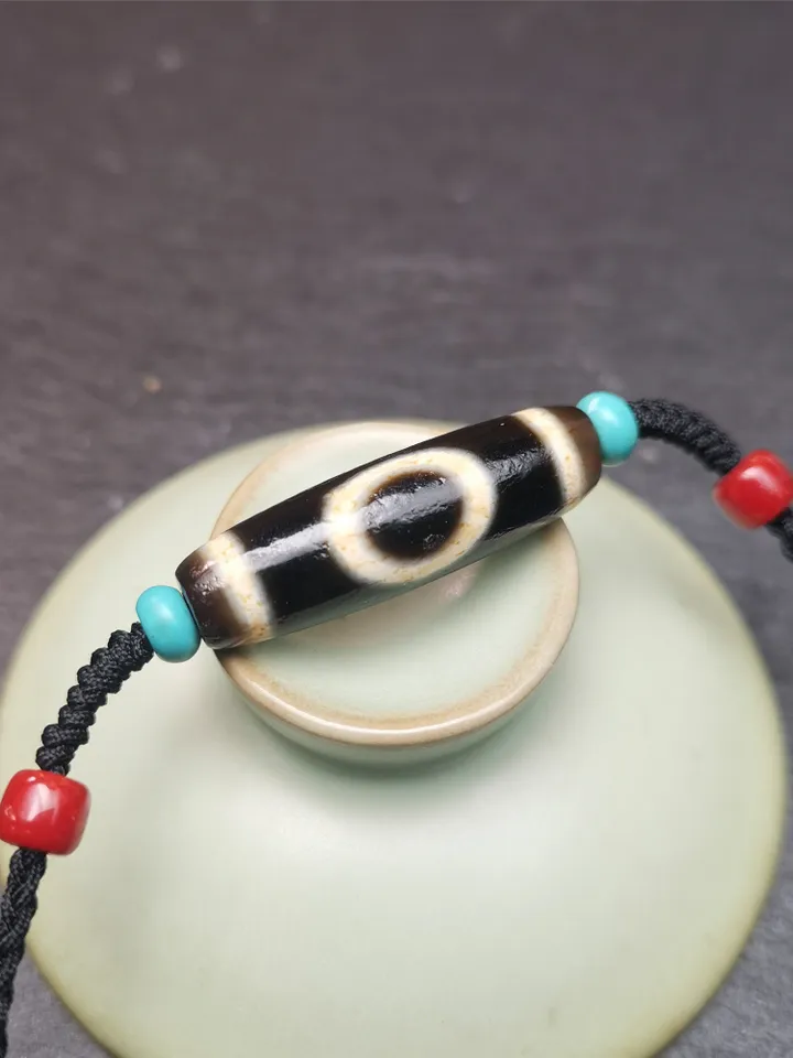 Gandhanra Antique Tibetan Sky & Earth Dzi Bead Necklace,1.38" x 0.4",30 Years Old