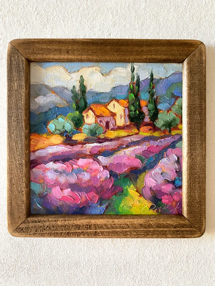 Lavender Fields Painting Tuscany Original Art Landscape Oil Painting Impasto Small Artwork 6x6 Tuscan Serenity Painting Wild Flowers