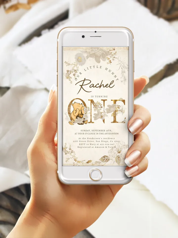 Classic Winnie Pooh Baby Birthday Digital Invite; Wizard  Baby Birthday Evite; Greenery Baby Birthday; Honey Bear Evite; Winnie Invitation