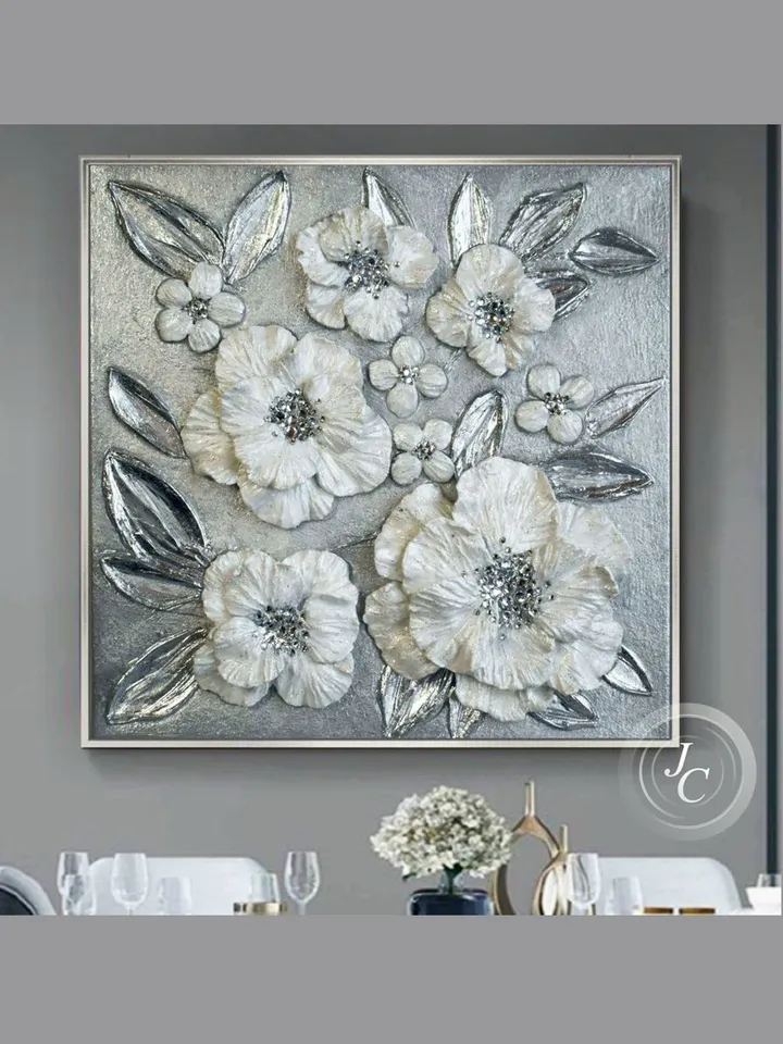 White Pearl Poppies Flower Textured artwork | Silver Glittery Original Painting Floral Art with Crystal