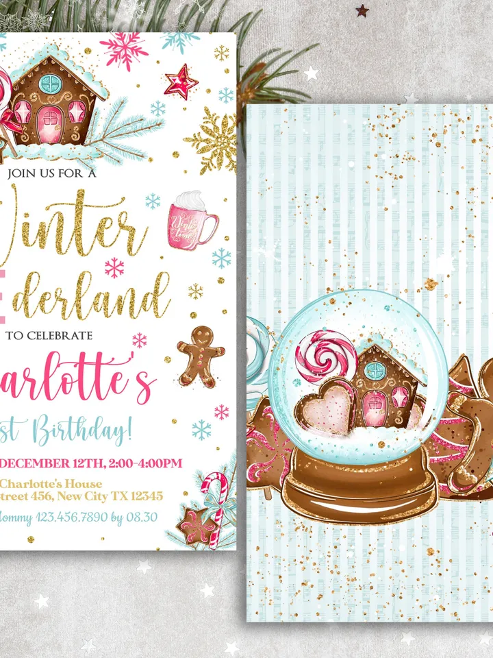 Winter Onederland Invitation Girl 1st Birthday Invitation, Gingerbread Birthday Winter Wonderland Birthday Invitation, Editable Template
