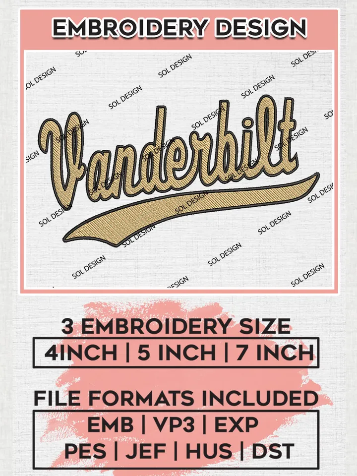Vanderbilt Team Writing Logo Embroidery Design Files, NCAA Vanderbilt Commodores Machine Embroidery, NCAA Teams, 3 sizes, NCAA Machine embroidery designs, Digital Download