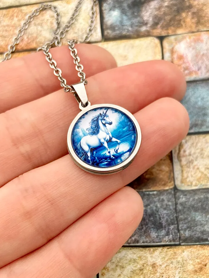 White Unicorn necklace, steel pendant with glass, Horse lover gift, Fantasy charm