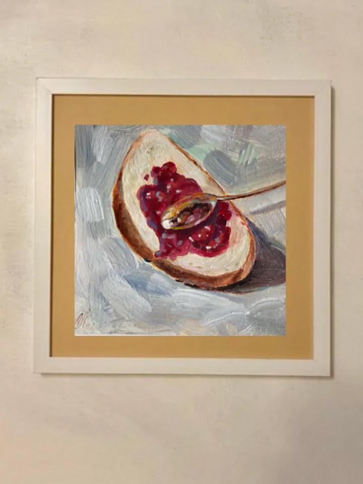 Bun with jam food art modern painting original oil painting art painting 6 x 6 inches