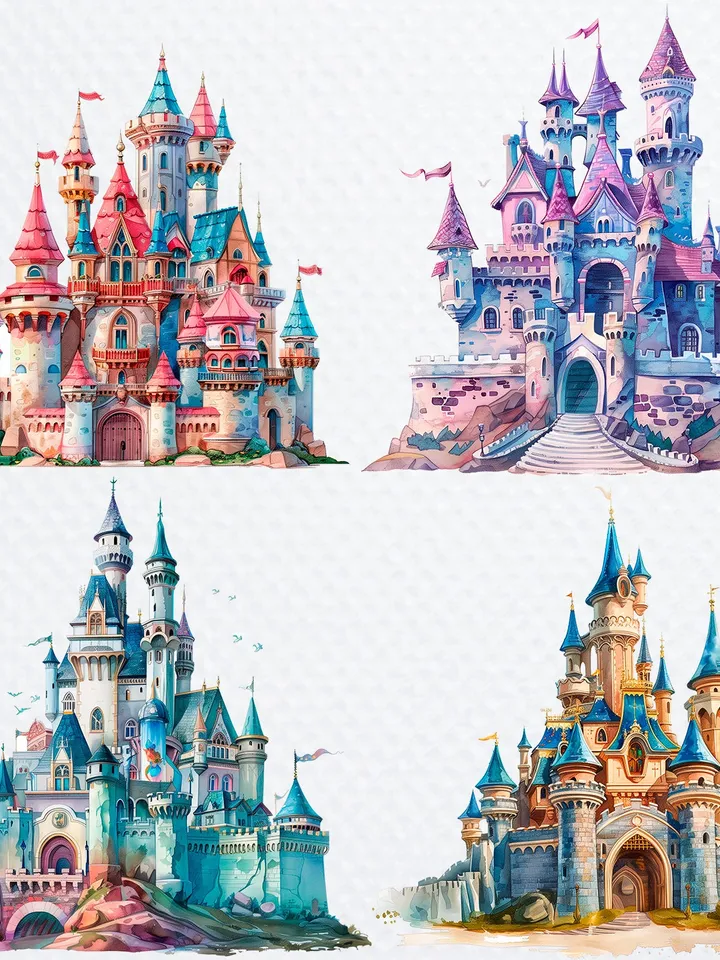 12 Princess Castle PNG Clipart, Watercolor Princess Castle for sublimation, Princess Castle High Quality PNGs, Paper craft, Junk Journals