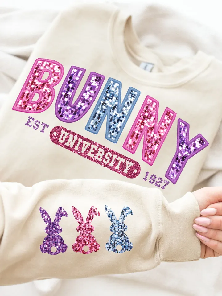 Trendy Bunny University, Embroidery Sparkly, Faux Sequins, Easter Png, Cute Easter Day Shirt, Trendy Easter Day Png, Sleeve Sublimation