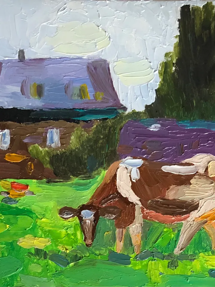 In the village Cow original oil painting hand painted impasto painting farmhouse wall art 6x9 inches