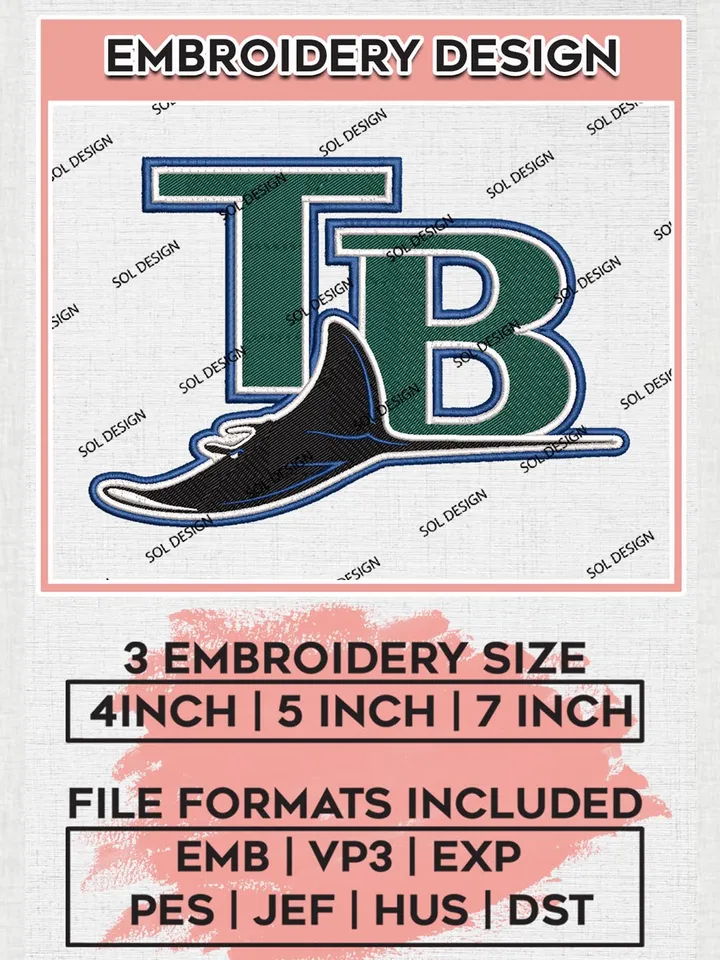 Tampa Bay Rays Mascot Logo Embroidery Files, MLB Tampa Bay Rays Team Embroidery, MLB Teams, 3 sizes, MLB Machine embroidery designs, Digital Download