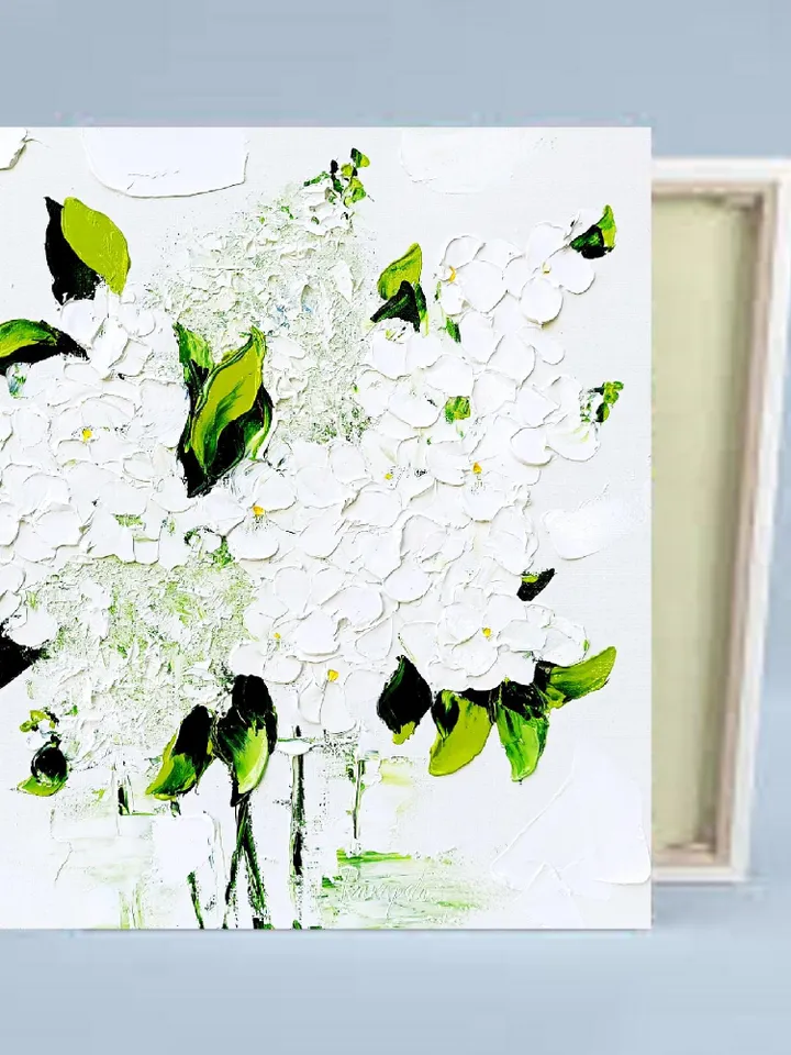 White Hydrangea Painting Original Art Impasto Oil Painting Christmas Gifts Abstract Floral Palette knife Flower Painting