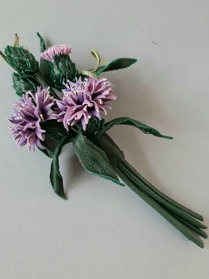Lilac cornflower leather brooch for her, Leather jewelry, 3rd anniversary gift for wife