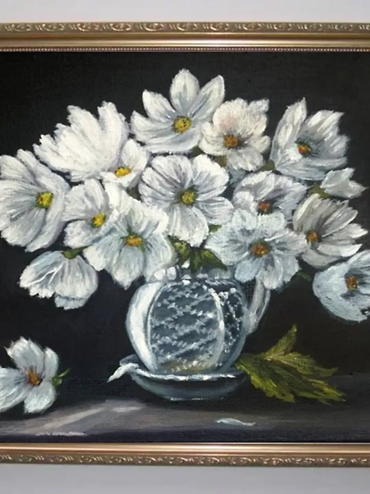 Black oil painting White flowers in a white vase White cosmea Art 25 x 30 cm