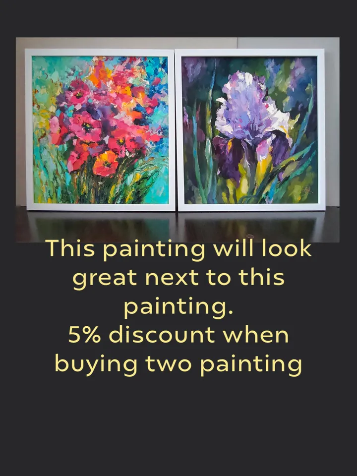 Flowers Irises Oil Canvas on Cardboard Original Art Painting Impasto Palette Knife 16 x 16 inches by Artist Natalia
