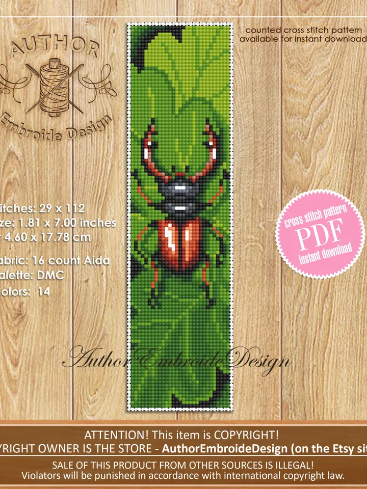 Beetle bookmark set cross stitch pattern PDF download Small Bug cross stitch chart, Bookmark pattern digital PDF, Stag beetle, Ladybug #B285