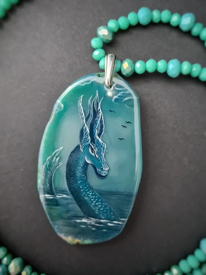 Dragon necklace Painting Dragon on Agate Stone charm Christmas Gift Wrapping