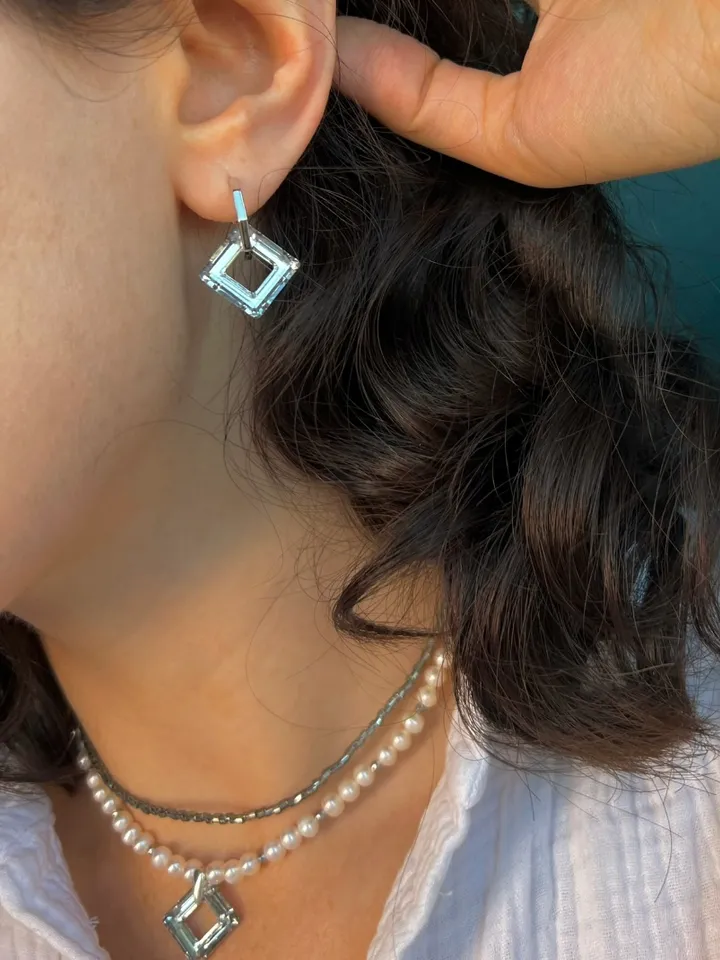 Pearl Silver 925 Jewelry Set Necklace Earrings RHOMBUS