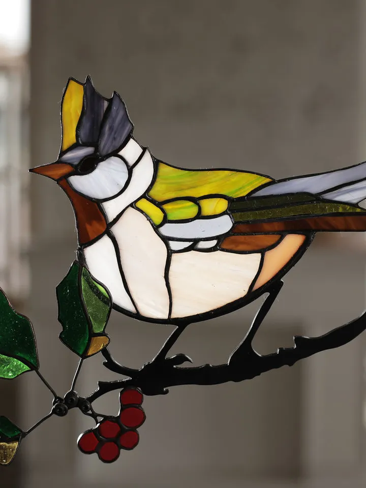 Crested Tit on a Hawthorn Branch, Tiffany Stained Glass Art, Stained Glass Crested Tit and Hawthorn, Tiffany Style, Nature-Inspired Crested Tit Stained Glass Panel, Tiffany Technique Stained Glass, Bird on Hawthorn, Crested Tit Bird with Berries, Handmade