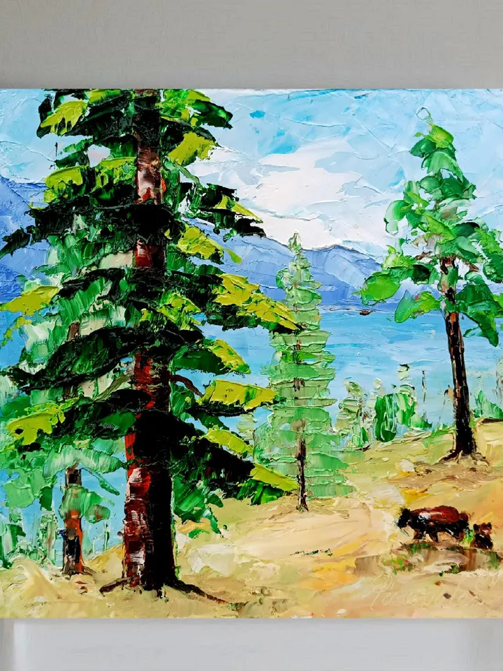 Lake Tahoe Painting Bears Art Sequoia Original Art National Park Impasto Oil Painting Small Impressionist Art Travel Gifts by ArtProkopaloSv