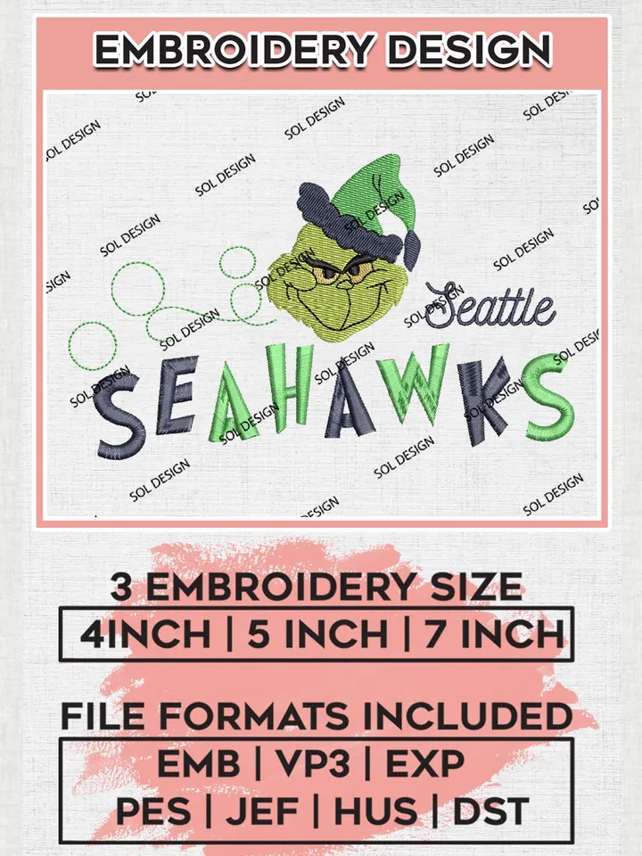 Christmas Grinch Seattle Seahawks Embroidery Designs, Grinch Embroidery Files, NFL Seahawks Machine Embroidery Designs, NFL Seattle Seahawks Logo, NFL Christmas Machine Embroidery Design, Digital Download