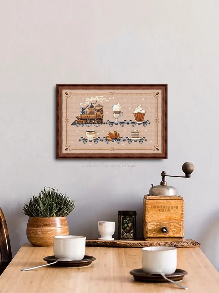 Vintage Coffee Train cross stitch pattern PDF download Coffee cross stitch chart, Coffee lovers home decor, Train pattern digital PDF #F17