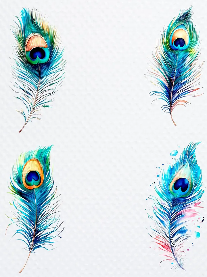20 Peacock Feather Bundle, Gorgeous Peacock Printable Watercolor PNG Digital Clipart for sublimation, Paper craft, junk journals