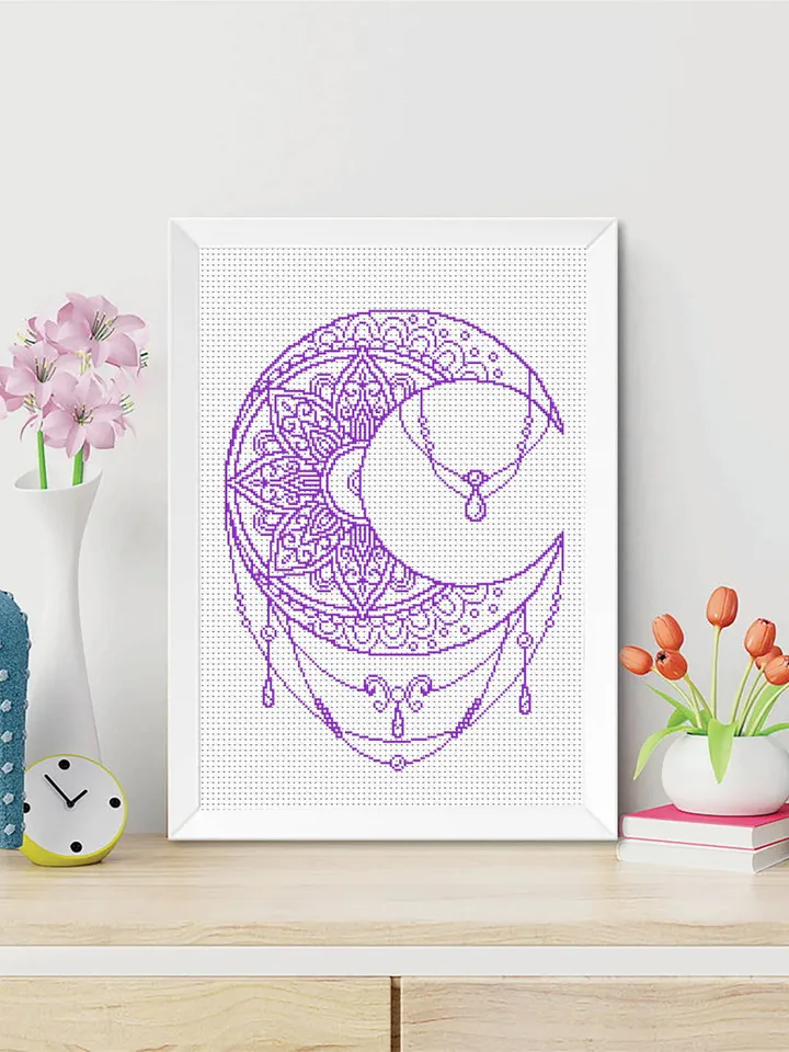 Moon mandala cross stitch pattern PDF download Crescent moon cross stitch chart, Simple mandala pattern digital PDF, Moon ornament #M162