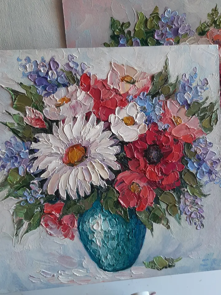 Small Flower oil painting Wildflowers Original art PoppiesTextured Vaze wall art Yellow flowers painting