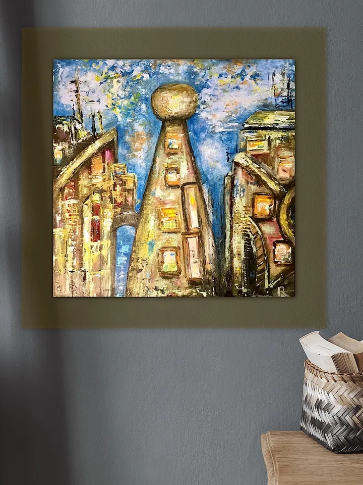 Sky town,original mix media painting on cardboard,collage and acrylic painting,fantasy cityscape,wall art.