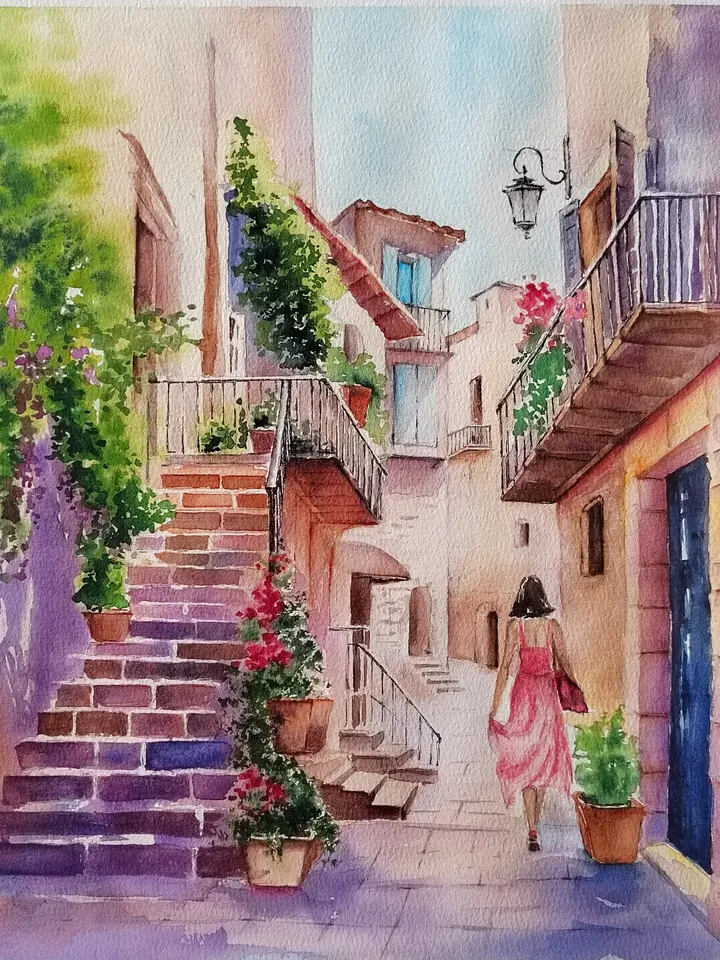 Original Watercolor Painting Urban Landscape Art Italian Courtyard Artwork Sunny Afternoon Picture 27x36 cm by SoftWaves