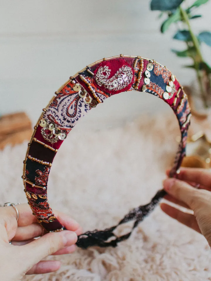Tiara "Crimson Rhapsody" (round version). Bohemian patchwork crown for festivals, weddings, proms. Hippie hair accessory made with upcycled vintage fabrics and embellishments.