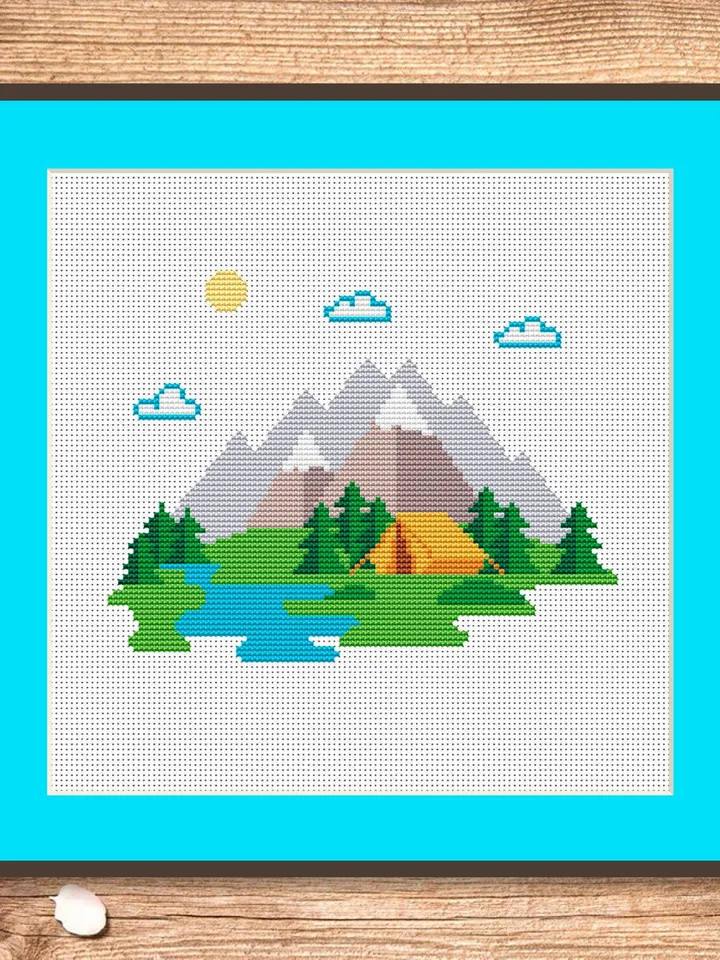 Mountain Landscape Cross Stitch Pattern, Island Cross Stitch, Embroidery Travel, Travel Cross Stitch Pattern, Modern Cross Stitch #trl006