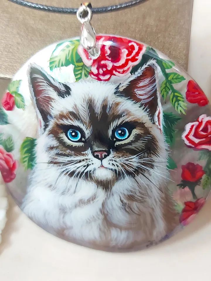 Mother-of-pearl Russian hand-painted necklace pendant "Cat in Flowers" Hand paint necklace pendant Cat pendant