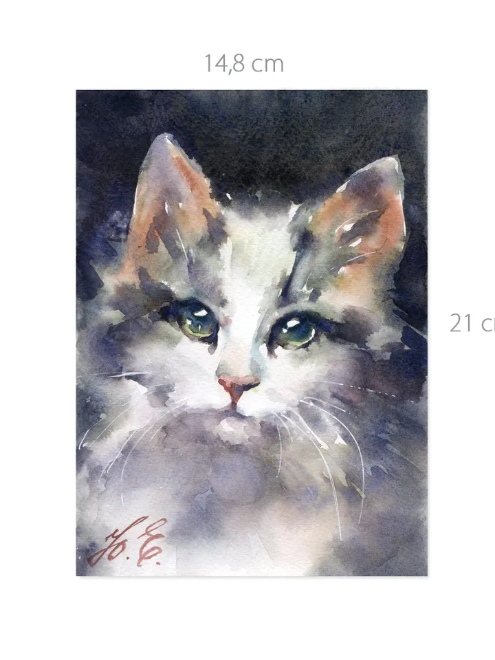 Kitten painting Original watercolor small art by Yulia Evsyukova