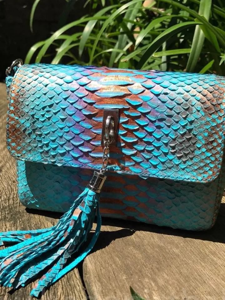 Genuine python skin light blue summer tassel women crossbody bag | Leather Handnade Bag | Exotic leather Bags | Chain small elegant Bag