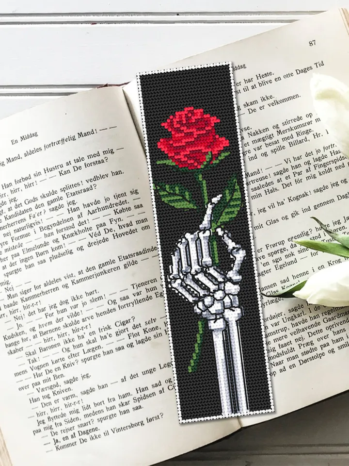 Gothic bookmark cross stitch pattern Skeleton hand cross stitch chart, Rose flower embroidery, Handmade bookmark Instant download PDF #B104