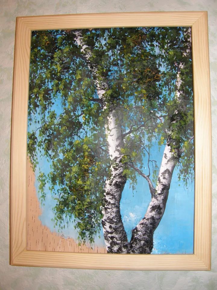 Painting "Birches on birch bark". (30*40 cm, acrylic, birch bark)