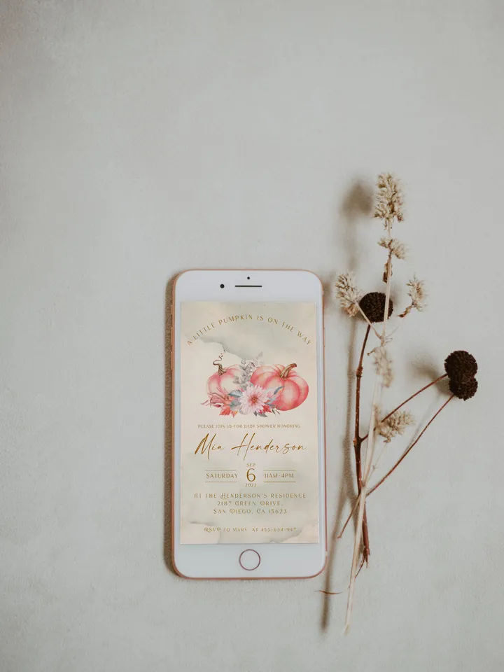 2022 Pumpkin Baby Shower Digital Invitation; Little Pumpkin is on the way; Smartphone Invite; Autumn Baby Shower; Editable Template Canva