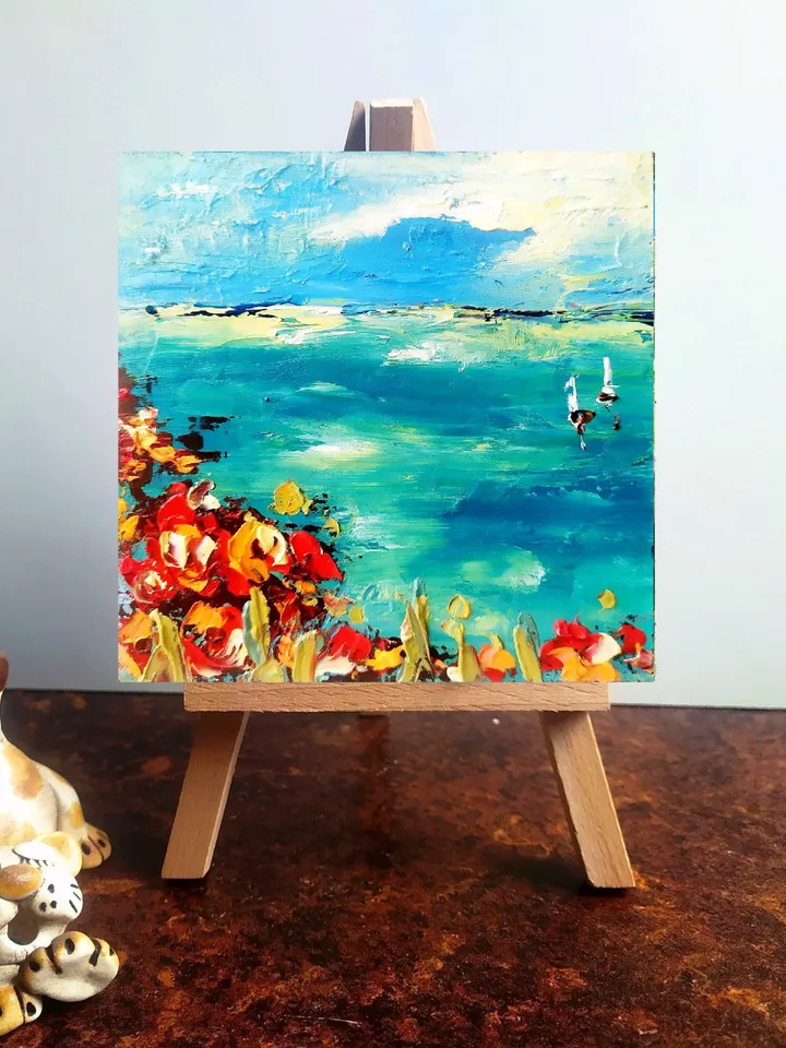 Seascape Painting Poppy Tuscany Original Art Seascape Impasto Oil Painting Small Artwork 4x4 Tuscan Serenity Original by ArtProkopaloSv