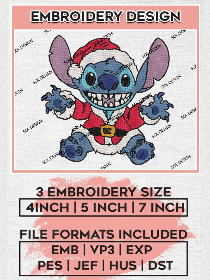 Stitch Santa Claus Christmas Embroidery Design Files, Disney Christmas Machine Embroidery, Disneyland Family Holiday, 3 sizes, Cute Christmas Machine embroidery designs, Digital Download