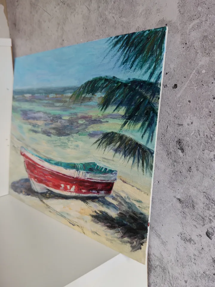 Boat oil painting beach artwork
