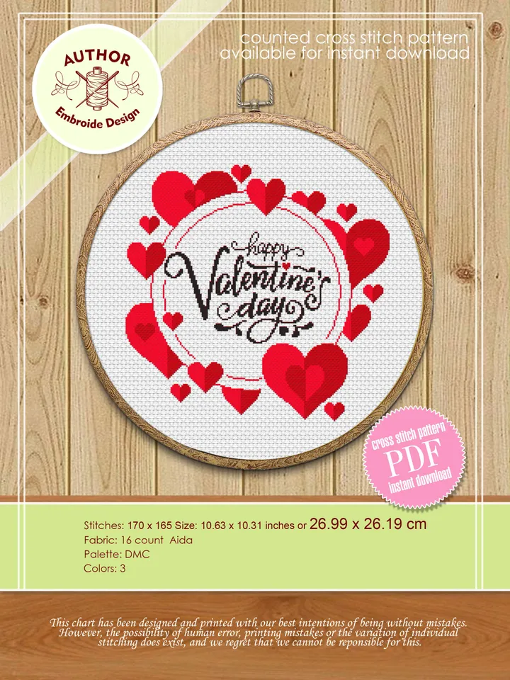 Happy Valentines day cross stitch pattern download PDF, Love quotes cross stitch chart, Cute heart embroidery PDF, Love lettering stitch #V3