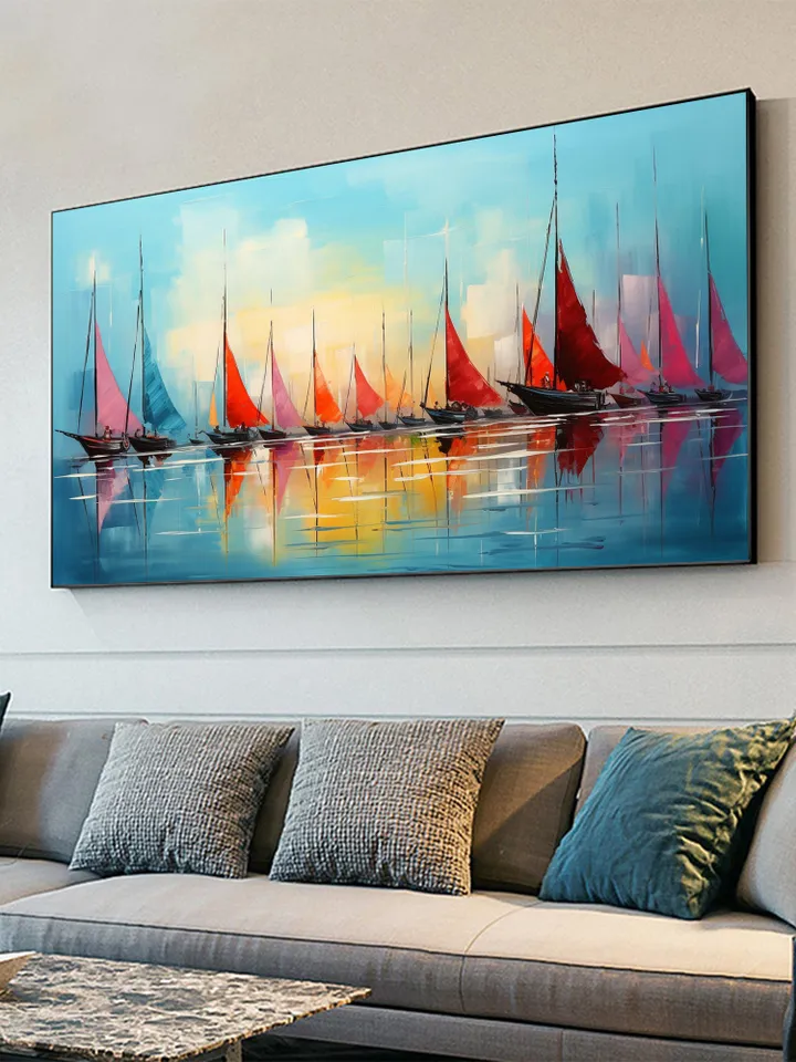 Original Sailboats Painting on Canvas, Large Wall Art, Abstract Colorful Painting, Ocean Art, Living room Wall Decor, Custom Painting