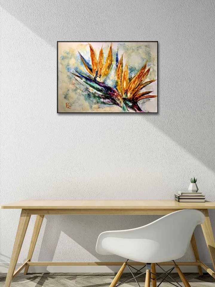 Bird of paradise flower, strelitzia flower original watercolour mix media painting on yupo paper,one of a kind painting,gift,wall art.